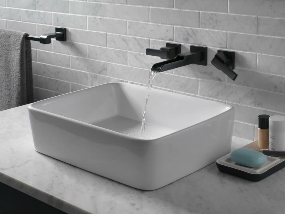 Delta Ara 2-Handle Wall Mount Bathroom Faucet With Channel Spout, Matte Black - Image 3